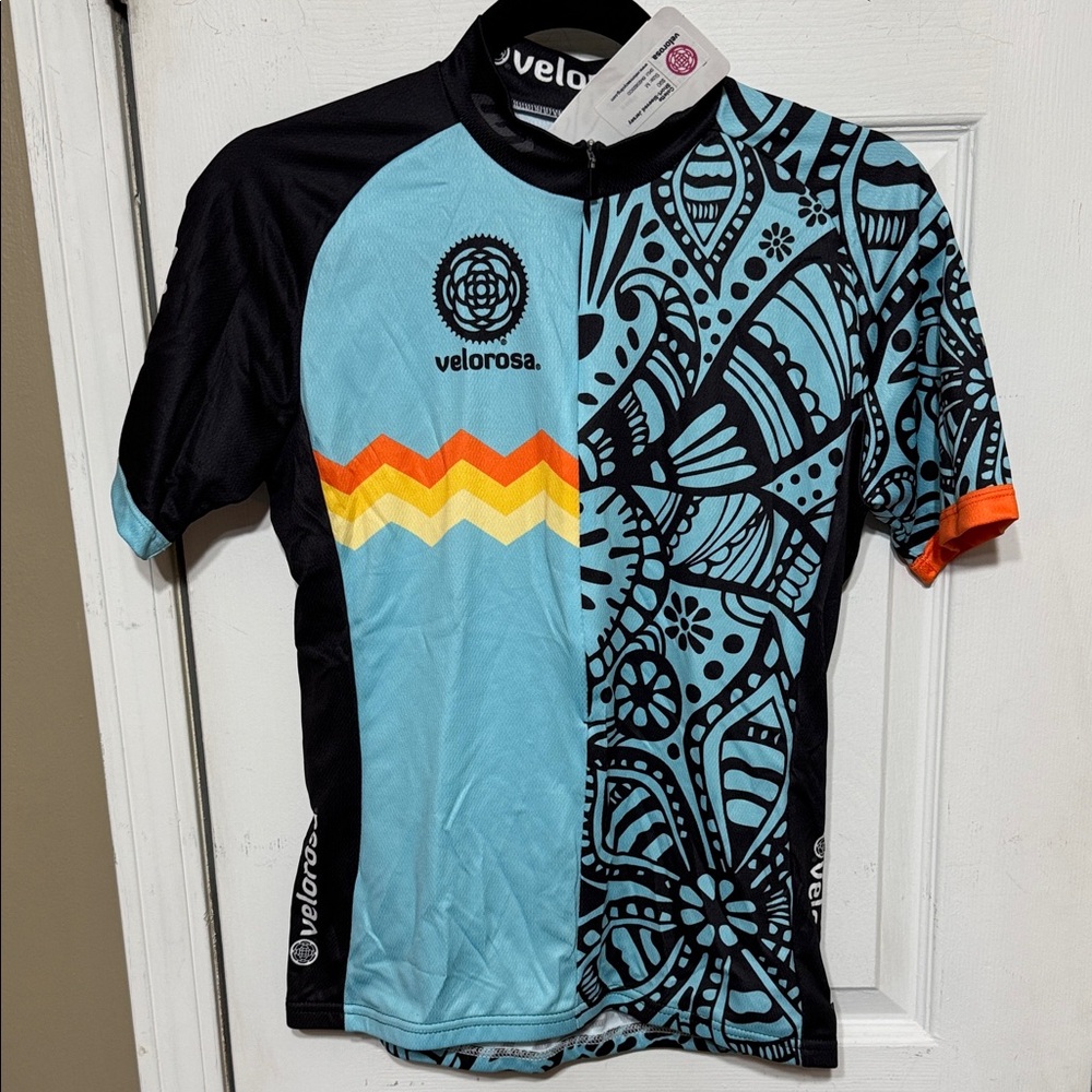 NWT Colette Short-Sleeved Jersey Cycling- Aqua and Black Orange Louis Garneau M